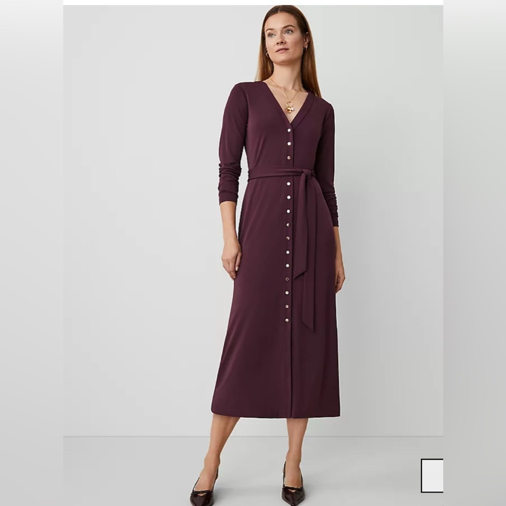 NWT Ann Taylor Button V-neck Flare Knit Midi Dress in plum rose size S